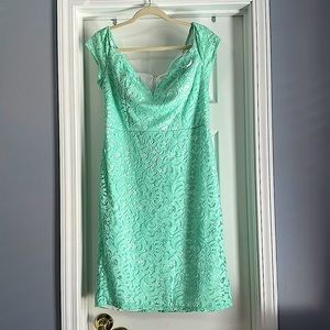 Knee length mint green off the shoulder dress